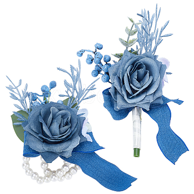 2Pcs 2 Style Silk Cloth & Plastic Imitation Flower Corsage Boutonniere & Wrist Corsage JEWB-CP0001-27A-1