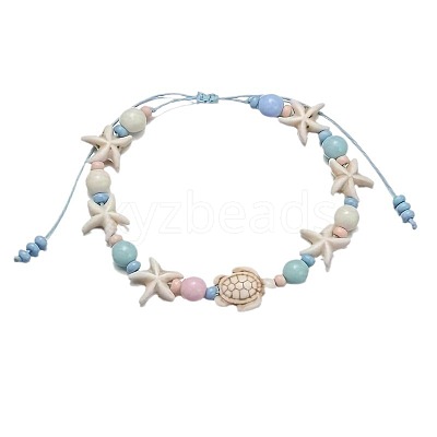Bohemian Style Acrylic Starfish Turtle & Round Glass Beaded Braided Anklets for Women FS-WG26544-01-1