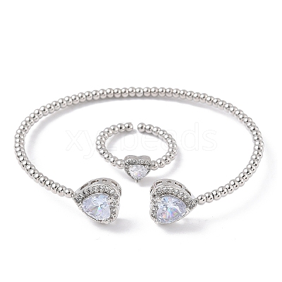 Heart Brass Micro Pave Cubic Zirconia Cuff Bangles & Rings Sets for Women SJEW-R002-05P-03-1