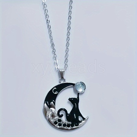 Alloy Jet Rhinestone Enamel Black Moon with Cat Shape Pendant Necklaces for Women WG3CB78-01-1