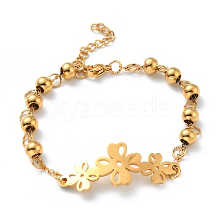 PVD Vacuum Plating 304 Stainless Steel Clover Link Bracelet with Beaded Chains for Women BJEW-E108-08G-1