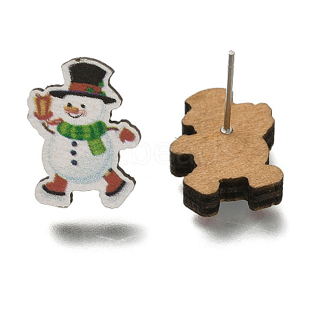 Christmas Printed Wood Stud Earrings for Women EJEW-U025-01C-1