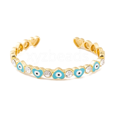 Heart Brass Pave Clear Cubic Zirconia Evil Eye Open Cuff Bangles with Enamel for Women BJEW-S147-06G-02-1