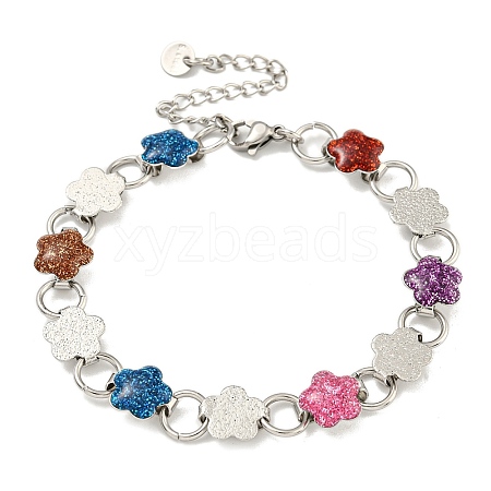 304 Stainless Steel Enamel Flower Link Chain Bracelets with Glitter Powder BJEW-S153-05P-03-1