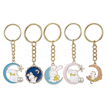 Moon/Flat Round with Rabbit Alloy Enamel Pendant Keychain KEYC-JKC00623-1