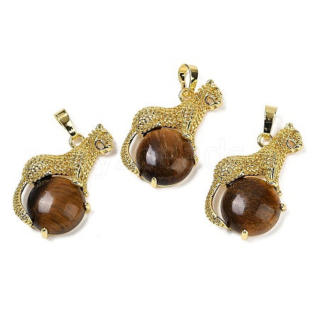 Natural Tiger Eye Ball with Leopard Shape Brass Pendants KK-F887-04G-27-1