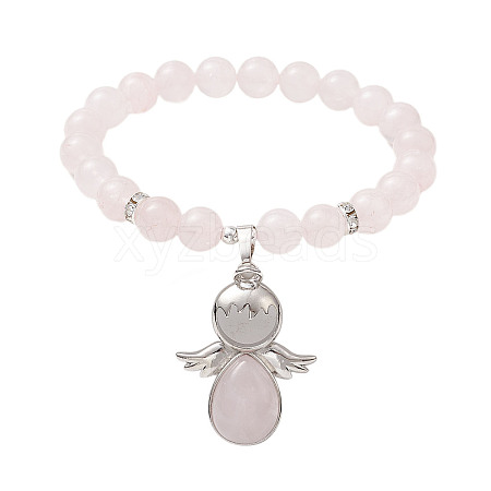 Natural Rose Quartz Stretch Bracelets with Angel Charms BJEW-JB11046-02-1