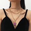 3Pcs Elegant Alloy Fuchsia Rhinestone Rectangle Pendant 3 Layer Necklaces Sets QV2693-1-1