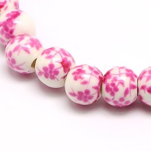 Handmade Flower Printed Porcelain Ceramic Beads Strands PORC-M005-6mm-03