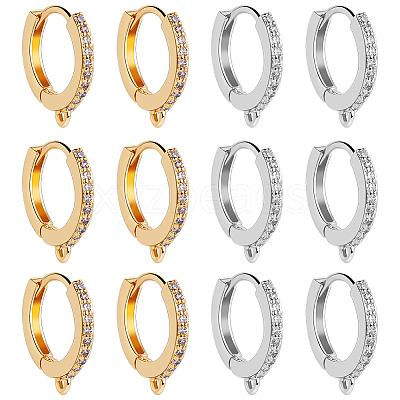 12Pcs 2 Colors Brass Micro Pave Clear Cubic Zirconia Hoop Earring Findings EJEW-BBC0001-16-1