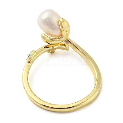 Flower Natural Pearl Cuff Ring with Rhinestone RJEW-H220-14G-1