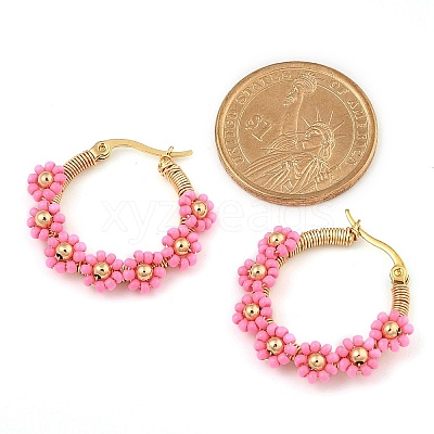 304 Stainless Steel & Bohemian Beaded Flower Hoop Earrings for Women EJEW-R001-02G-03-1