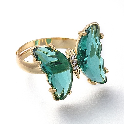 Adjustable Brass Glass Finger Rings RJEW-P148-A01-16-1