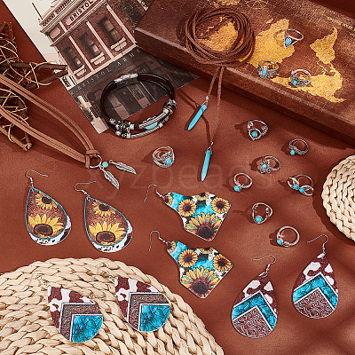 Imitation Leather Oval & Teardrop Finger Rings & Multi-strand Bracelet & Dangle Earrings & Lariat Necklace with Synthetic Turquoise SJEW-PH0001-12-1