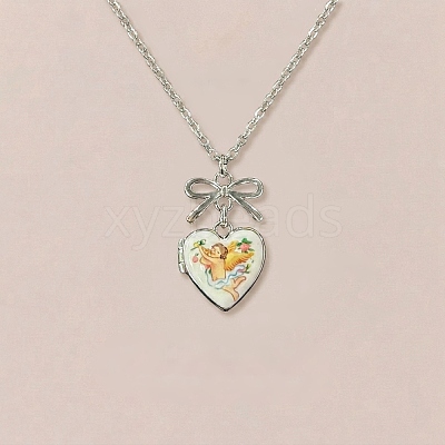 Brass Enamel Bowknot Angel Heart Photo Locket Pendant Necklaces for Women KK-CBAF5B9-03P-1