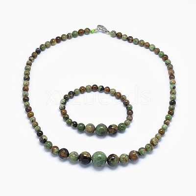 Natural Green Opal Graduated Beads Necklaces and Bracelets Jewelry Sets SJEW-L132-04-1