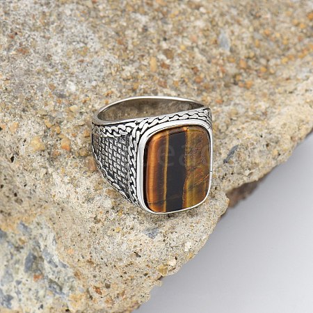 304 Stainless Steel with Natural Tiger Eye Finger Rings FS-WG67565-36-1