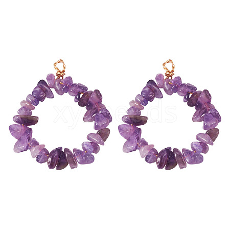 2Pcs Natural Amethyst Chip Beaded Pendants PALLOY-TAC0232-06-1