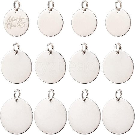  18Pcs 3 Style 201 Stainless Steel Flat Round Tag Pendants STAS-NB0001-21-1