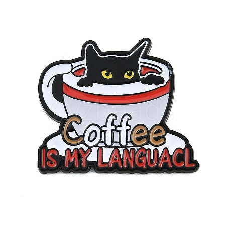 Cat with Coffee & Word Coffee Is My Language Enamel Pins JEWB-Q014-12A-1