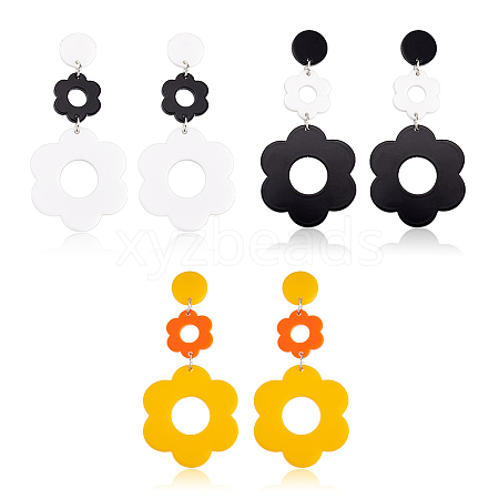 3 Pairs 3 Colors Acrylic Flower Dangle Stud Earrings EJEW-AN0001-36-1