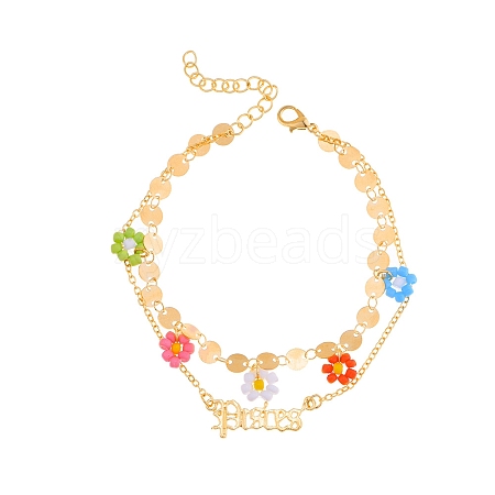 Constellation Alloy & Glass Seed Beads Double Layer Colorful Flower Anklets PW-WGA6E00-08-1