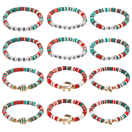 12Pcs 2 Sets Christmas Theme Polymer Clay Heishi Beaded Stretch Bracelets BJEW-ME0001-17A-1