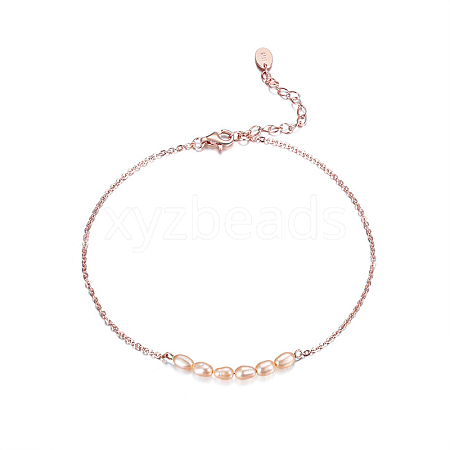 925 Sterling Silver Cable Chain Anklet with Natural Freshwater Pearls AJEW-F162-010RG-1