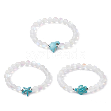 3Pcs Beach Dolphin & Turtle & Starfish Dyed Synthetic Turquoise Bead Bracelets BJEW-JB10252-1