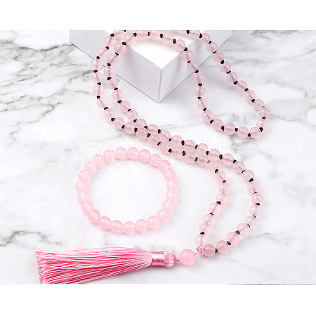 Natural Rose Quartz Round Beaded Pendant Necklaces & Bracelets Sets FS-WG9D102-14-1