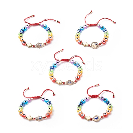 Evil Eye Resin Bead & Eye/Hamsa Hand/Flat Round Alloy Rhinestone Braided Beaded Bracelets for Girl Women BJEW-JB08742-1