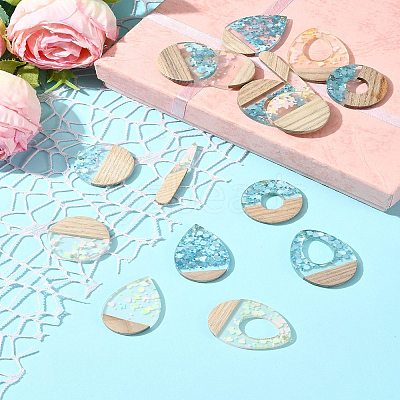 16Pcs 8 Styles Transparent Resin & White Wood Pendants RESI-FS0001-82-1