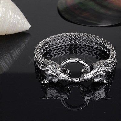 304 Stainless Steel Wolf Link Bracelet with Mesh Chains for Men Women BJEW-SZ0002-65-1