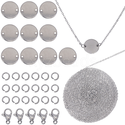 DIY 304 Stainless Steel Blank Flat Round Pendnat Necklace with Cable Chains Making Kit DIY-SC0024-15-1