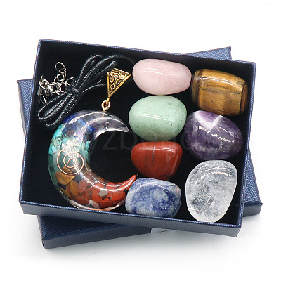 7 Chakra Tumbled Stone & Moon Pendant Necklace Mixed Natural Gemstone Healing Stones Set X1-PW-WG21137-02-1