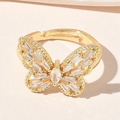 Adjustable Brass Butterfly Finger Rings with Clear Cubic Zirconia CU-CBA7E55-18G-01-1