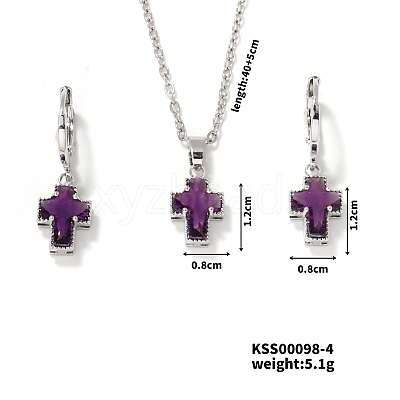 Elegant Cross Brass Rhinestones Necklace & Hoop Earrings Set for Women XB3228-3-1