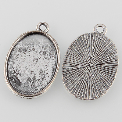 Tibetan Style Antique Silver Alloy Flat Oval Pendant Cabochon Settings X-TIBEP-M022-37AS-1