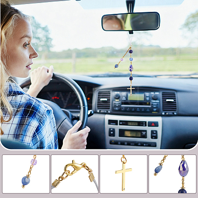 4Pcs 4 Colors Cross Zinc Alloy & Resin & Dyed Natural Gemstone Car Rearview Mirror Pendant Decorations HJEW-PH0002-03-1
