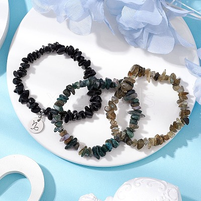 3Pcs 3 Styles Natural Labradorite & Obsidian & Moss Agate  Chips Stretch Bracelets Sets BJEW-JB11076-12-1