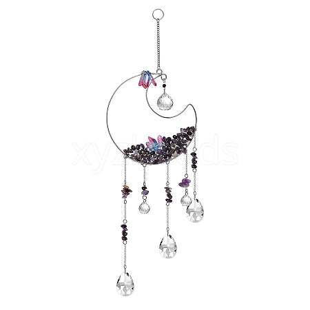 Natural Amethyst Chips Beaded Moon Hanging Ornaments PW-WGFD94D-01-1