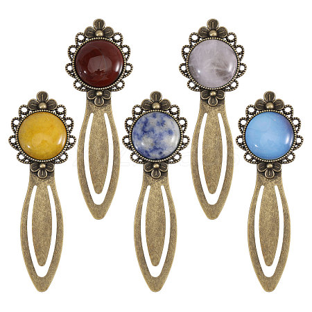 5Pcs Round Natural Rose Quartz & Blue Spot Jasper & Dyed White Jade & Dyed Agate & Opalite Bookmarks AJEW-CA00018-1