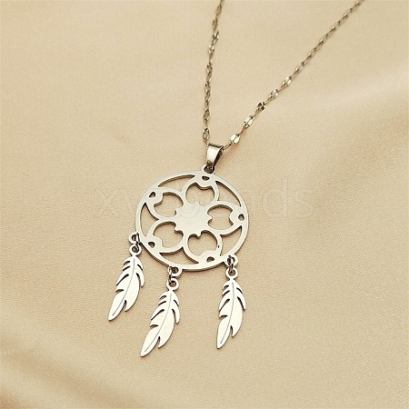 Non-Tarnish Woven Net/Web with Feather 304 Stainless Steel Boho Pendant Necklaces for Women NJEW-G087-04P-1