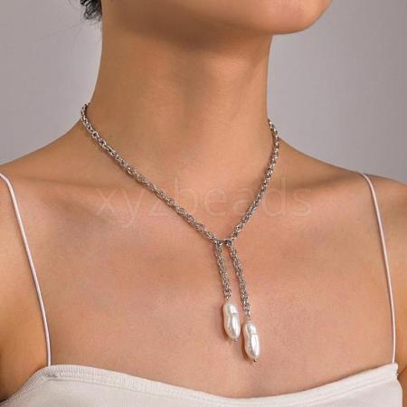 304 Stainless Steel Textured Cable Chain Faux Pearl Bar Tassel Pendant Necklaces for Women YV1047-2-1