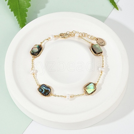 Rectangle Brass Abalone Shell Link Bracelets KK-D301-02G-1