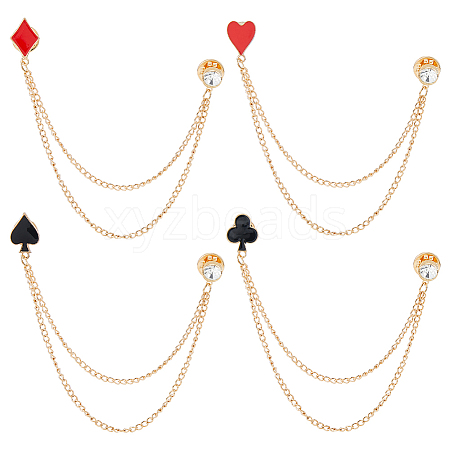 4Pcs 4 Styles Playing Card Alloy Rhinestone Lapel Pin Backs AJEW-FH0007-70-1