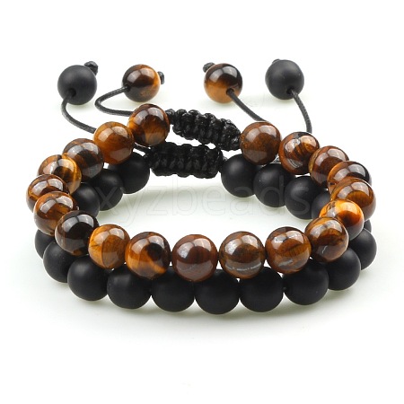 Adjustable Round Natural Tiger Iron & Frosted Obsidian Braided Bead Bracelet Sets MW1099-2-1