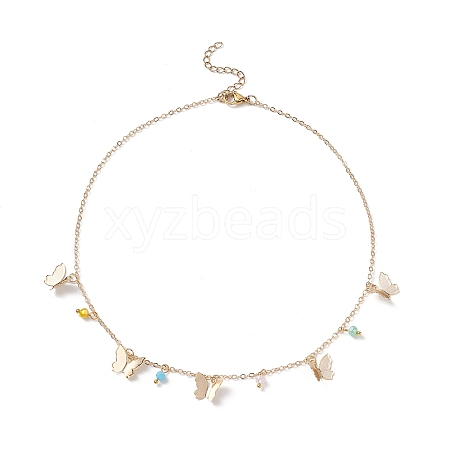 Brass Butterfly & Glass Beaded Charms Necklace with 304 Stainless Steel Chains for Women NJEW-TA00042-1