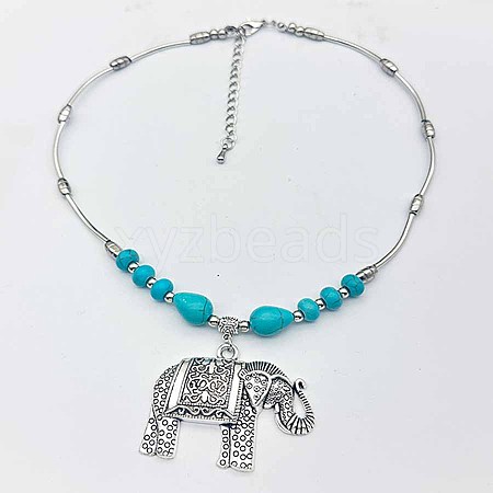 Ethnic Style Alloy & Synthetic Turquoise Elephant Pendant Necklaces PF8416-1