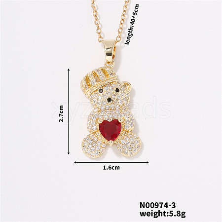 Brass Pave Clear Cubic Zirconia Cable Chain Bear Pendant Necklaces for Women NQ1992-3-1